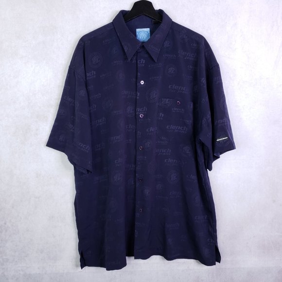 Vtg Clench Jeans 701 Men's XL Navy Blue Spellout Logo Button Up Shirt Y2K - Picture 2 of 9